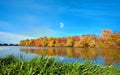 Reflection of a beautiful autumn forest in the river, against the background of a clear blue sky without clouds, with Royalty Free Stock Photo