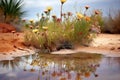 reflection of blooming desert plants in a rain puddle Royalty Free Stock Photo