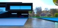 Reflection of blue sky on the panoramic window of the console balcony finished with black brick. Unique suburban house with pool. Royalty Free Stock Photo