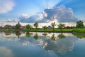 Reflection of a Buddhist temple on water at Lumbini, the birth place of Buddha