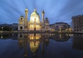 Reflection of Charles Church in Vienna at night