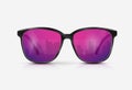Reflection of the city in the glasses. Vector realistic modern eyeglasses with ultraviolet gradient lens. Summer vacation holiday