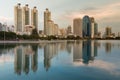 Reflection of City office building over water in public park Royalty Free Stock Photo