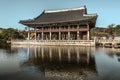 Reflection of a classical Korean shrine in lake in Gyeongbokgung palace in Seoul South Korea Royalty Free Stock Photo