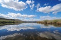 reflection of clear blue sky and fluffy white clouds in still lake Royalty Free Stock Photo