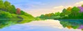 A Reflection Of The Clouds, Trees And A Lush Green Forest. Illustration Of Nature Of Jungle And River.