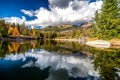 Reflection of coniferous trees on a surface of the water. Tarn Rakytovske pliesko in High Tatras mountains in Slovakia Royalty Free Stock Photo