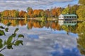 Reflection of the cottages and fall leaf colour in the lake Royalty Free Stock Photo