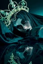 Reflection, dark and fantasy with portrait of queen for evil makeup, fashion and horror art. Creative, mystery and black