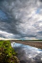 The reflection of the dramatic sky in a puddle on the side of a country road in the late evening next to green grass and