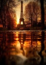 reflection of the Eiffel Tower in the water rainy day at sunset .view from the bottom Royalty Free Stock Photo