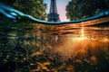 reflection of the Eiffel Tower in the water rainy day at sunset .view from the bottom Royalty Free Stock Photo