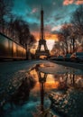 reflection of the Eiffel Tower in the water rainy day at sunset .view from the bottom Royalty Free Stock Photo