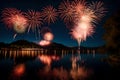 A reflection of fireworks in a calm, tranquil lake