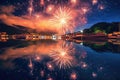 reflection of fireworks on calm water surface