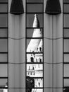 Reflection of Fisherman`s Bastion, aka Halaszbastya, fairy tale towers in modern hotel windows. Architectural contrast Royalty Free Stock Photo