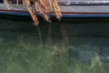 A reflection fishing boat in a calm river