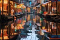 reflection of floating market stalls on water Royalty Free Stock Photo