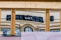 Reflection of French perfume lettering backwards. Interior of the central Moscow store.