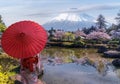 Reflection of Fuji yama volcana mountain in old japanese village