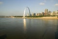 Reflection on Gateway Arch (Gateway to the West) and skyline of St. Louis, Missouri at sunrise from East St. Louis, Illinois on th Royalty Free Stock Photo