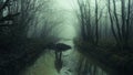 A reflection of a ghostly figure in a forest stream. On a spooky foggy misty day. With a dark moody edit