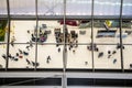 Reflection glass of top view people in line queue with luggage and briefcase to travel at airport