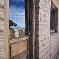 Reflection in the glass of a wooden door Royalty Free Stock Photo