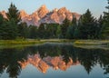 Reflection of the Grand Tetons during sunrise at Schwabacher Landing Royalty Free Stock Photo