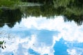 Reflection of green trees and blue sky with clouds in mirror of lake Royalty Free Stock Photo