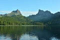 Reflection of high pointed rocks with gentle banks overgrown with dense taiga in the waters of a picturesque mountain lake on a Royalty Free Stock Photo