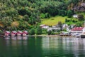 Reflection of houses in norwegian fiord, Norway Royalty Free Stock Photo