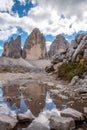 Reflection of the iconic Drei Zinnen mountains in the South Tirolese Dolomite alps