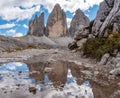 Reflection of the iconic Drei Zinnen mountains in the South Tirolese Dolomite alps