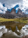 Reflection of the iconic Drei Zinnen mountains in the South Tirolese Dolomite alps