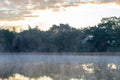 Reflection image of landscape photo of lake with fog on the water at forest tree with sky of sunrise. Royalty Free Stock Photo