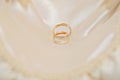 Reflection inside a gold diamond ring next to another ring with a satin fabric background. Royalty Free Stock Photo