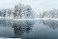 Reflection from lake shore in water surface, winter season with unfrozen lake at overcast frost day Royalty Free Stock Photo