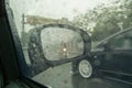 Reflection of lights in a car`s side mirror on a rainy night Royalty Free Stock Photo