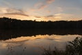 Reflection like glass of a sunset and clouds on the surface of Yates Mill pond in Raleigh, North Carolina Royalty Free Stock Photo