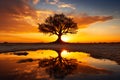 reflection lonely tree in the water in the African desert against the backdrop of the orange sunset sun generative ai Royalty Free Stock Photo