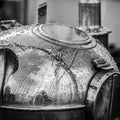 Reflection of a mast in an old ship compass. Black and white photo