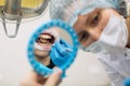 Reflection in the mirror woman dentist doing teeth checkup man patient Royalty Free Stock Photo