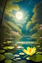 Reflection of the moon in the water of the swamp.Night.Mysterious magical forest. Royalty Free Stock Photo