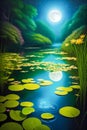 Reflection of the moon in the water of the swamp.Night.Mysterious magical forest. Royalty Free Stock Photo
