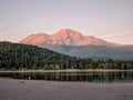 A reflection of mount shasta over a lake during sunset Royalty Free Stock Photo
