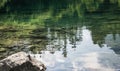 Reflection in the mountain lake of coniferous forest and mountain landscape Royalty Free Stock Photo