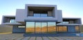 Reflection of the mountain landscape in big panoramic windows of the contemporary design house with the massive concrete paving