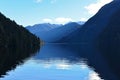 Reflection of mountains along the fiord of Doubtful Sound in Fiordland National Park in New Zealand