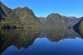 Reflection of mountains along the fiord of Doubtful Sound in Fiordland National Park in New Zealand